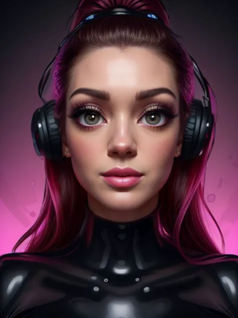 a woman with headphones on and a pink background