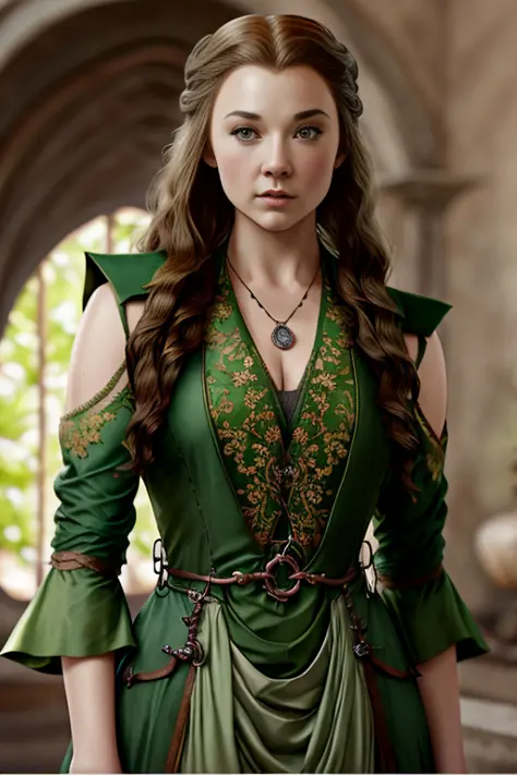 portrait photo of teacher margexx a woman, with brown hair, wearing a green gown in a royal palace in game of thrones, modelshoo...