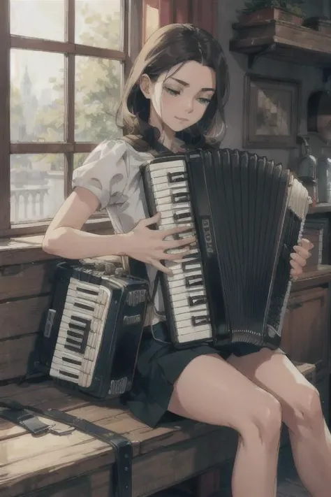 anime girl sitting on a bench playing an accordion