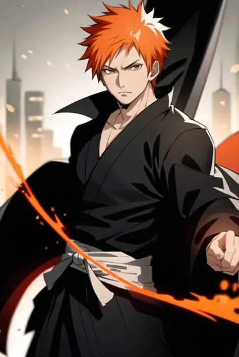 ichigo/Bleach/,short orange hair,black kimono,close up,ultra detailed face,best quality,city background,solo