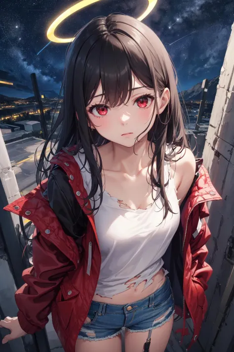 1girl,masterpiece, best quality,incredibly absurdres,long hair,high detail eyes,night sky,starry sky,jacket,denim shorts ,black hair,red eyes,halo,torn clothes, from above