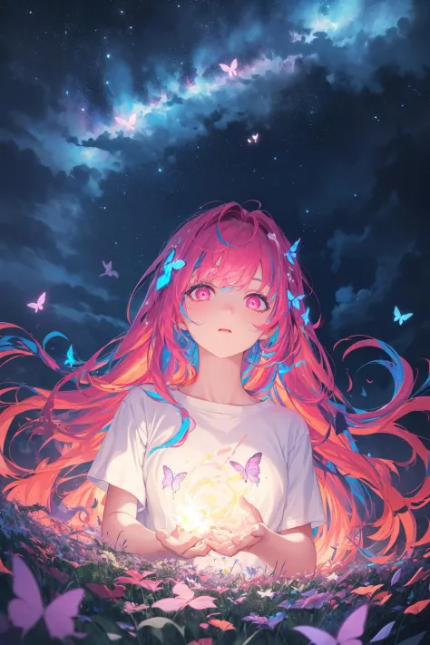 1girl,masterpiece, best quality,incredibly absurdres,long hair,(((glowing colorfull meadow))),fantasy colorfull,starry sky,night...