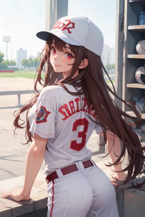 1girl,masterpiece, best quality,incredibly absurdres,long hair,white baseball cap, baseball uniform, from behind,looking at view...