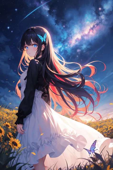 1girl,masterpiece, best quality,incredibly absurdres,long hair,(((glowing colorful meadow))),fantasy colorful,starry sky,night sky,standing,glowing butterfly,glowing effect,casual dress,looking at viewer,close view,facing viewer,glowing nebula sky