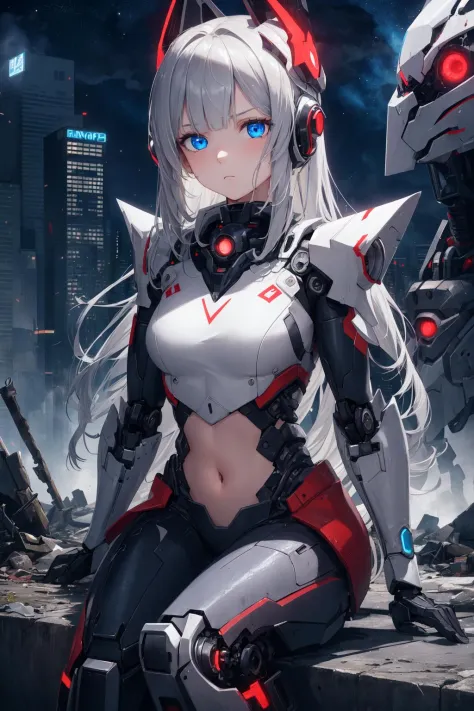 1girl,masterpiece, best quality,incredibly absurdres,long hair,high detail eyes,abandoned city, young girl,mecha armor,sitting,c...