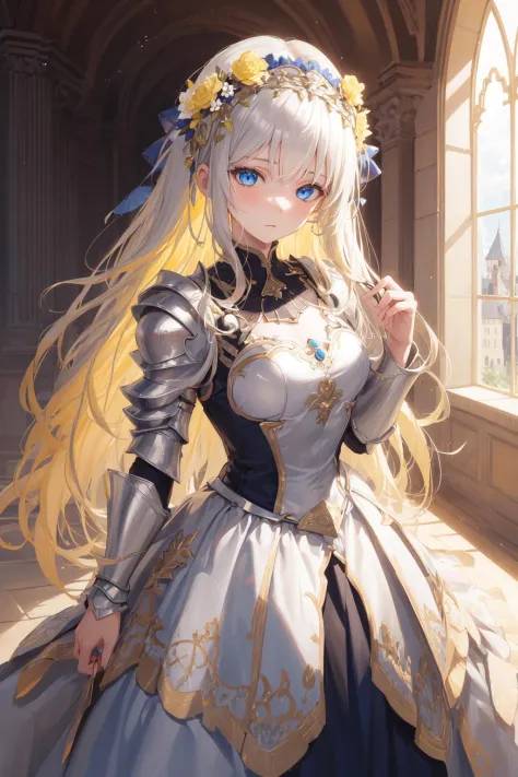 1girl,masterpiece, best quality,incredibly absurdres,long hair,flower headdress,castle hall,silver armor,dress,yellow hair,blue ...