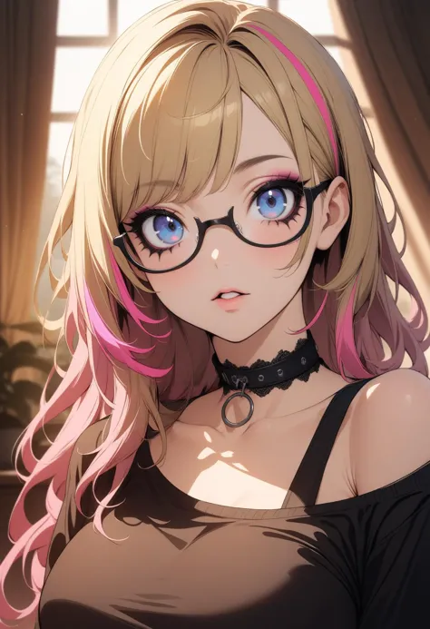 a woman with glasses and pink hair is staring at the camera