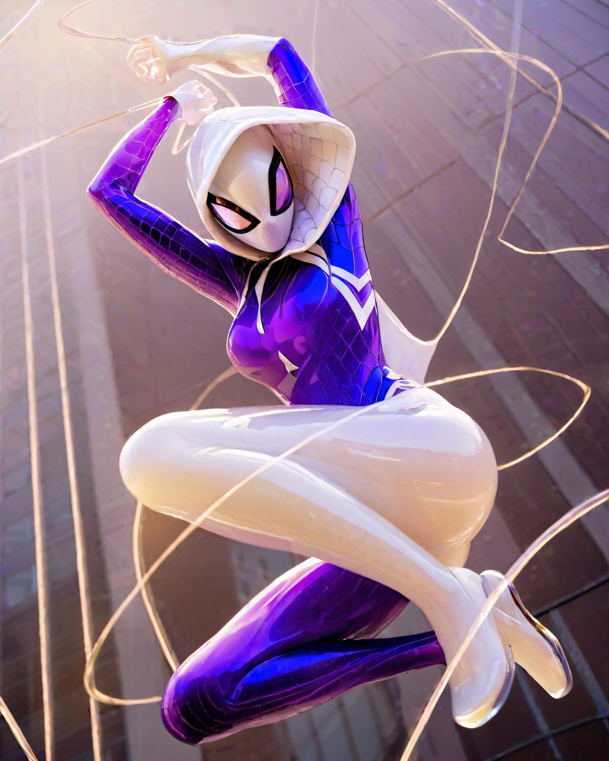 Ghost Spider, Gwen in a black costume with a white spider in the center of  her c - SeaArt AI