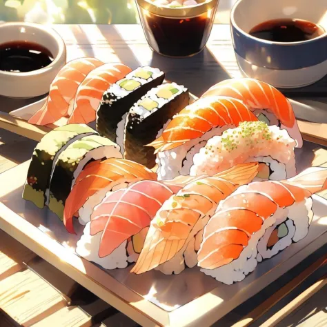 food, food focus, still life, sunlight, sushi, table, <lora:colorfulfood-v10:1>