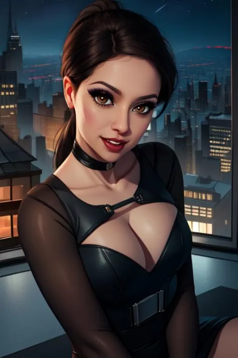 Selina,lips, brown eyes, looking at viewer, ponytail, 
black dress, 
close up, upper body,  sitting,  smile,   open mouth, 
night, stars,  Gotham city,  solo, indoors,  window, 
(insanely detailed, beautiful detailed face, masterpiece, best quality) 
 <lor...