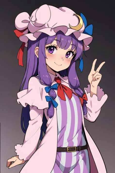 ((best quality)), mature, patchouli_knowledge, cowboy shot,  blushing, smile, purple hat, purple eyes, (crescent hat ornament), 1girl <lora:patchouliLORA-05:1>