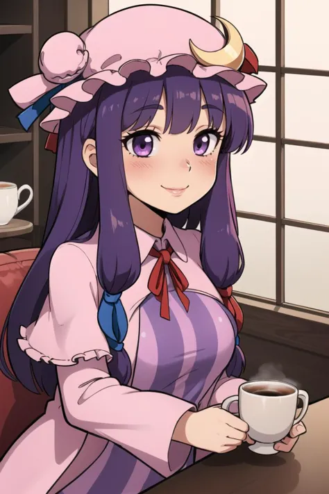 ((best quality)), mature, patchouli_knowledge, upper body, cup of coffee,  blushing, smile, purple hat, purple eyes, (crescent h...