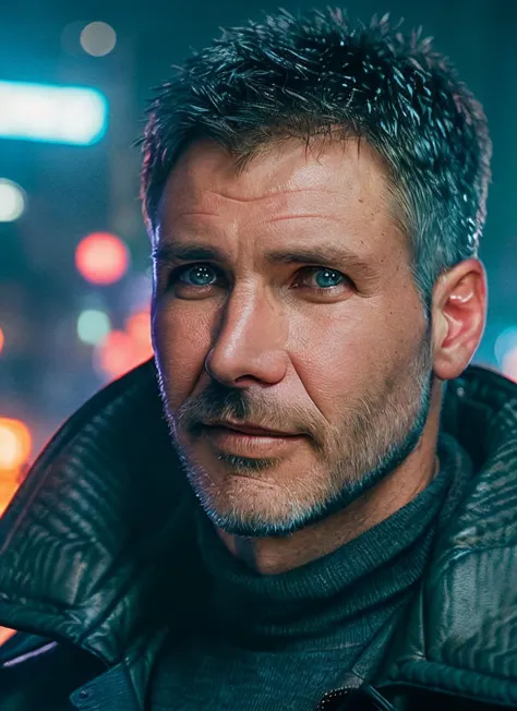 closeup portrait of sksman, smiling , facial hair, wearing blade runner cosplay , with very short haircut , background cyberpunk street at nicght, epic (photo, studio lighting, hard light, sony a7, 50 mm, matte skin, pores, colors, hyperdetailed, hyperrealistic), <lyco:Harrison Ford:1.3>