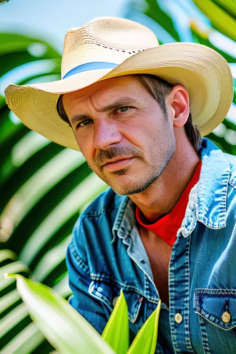 arafed man in a hat and a red shirt sitting in a garden