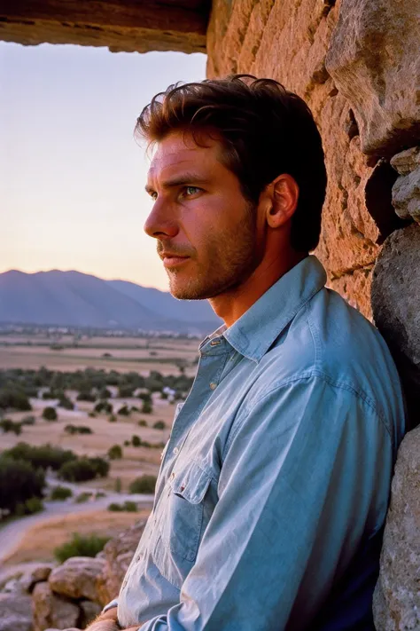 arafed man sitting on a ledge looking out over a valley