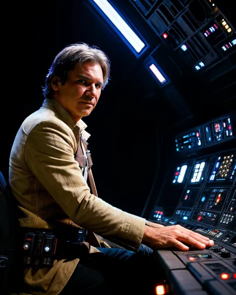 arafed man in a star wars costume sitting at a control panel