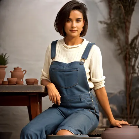 (((full body))) <lora:DemiMooreYoungv2Lora:0.9> woman sitting on a pottery table with short hair wearing dungarees and a pullove...