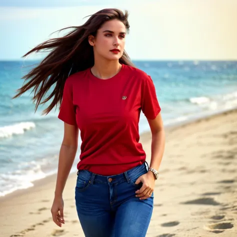 full body <lora:DemiMooreYoungv2Lora:1> woman with wearing a red tshirt and jeans walking on the beach,beautiful girl, high deta...