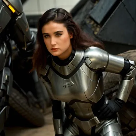 full body <lora:DemiMooreYoungv2Lora:1> woman with wearing sci fi battle suit fightin on a battlefield,beautiful girl, high deta...