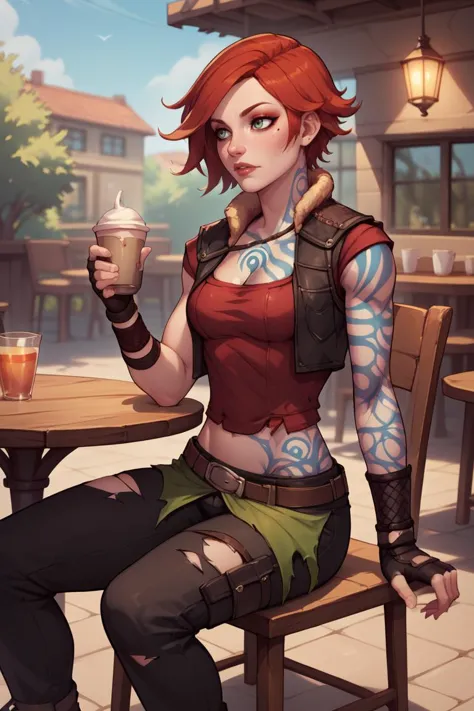 a woman sitting at a table with a drink in her hand