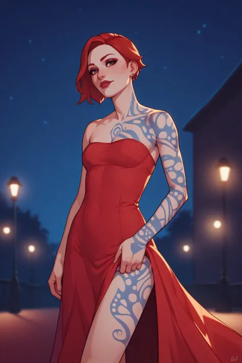 a woman with tattoos on her arms and legs in a red dress