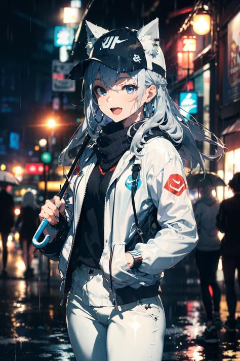 anime girl in silver raincoat holding umbrella in city at night