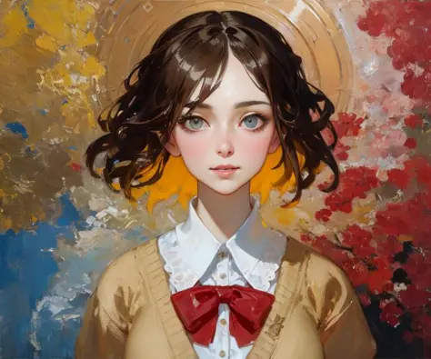 anime girl with a hat and bow tie in front of a painting