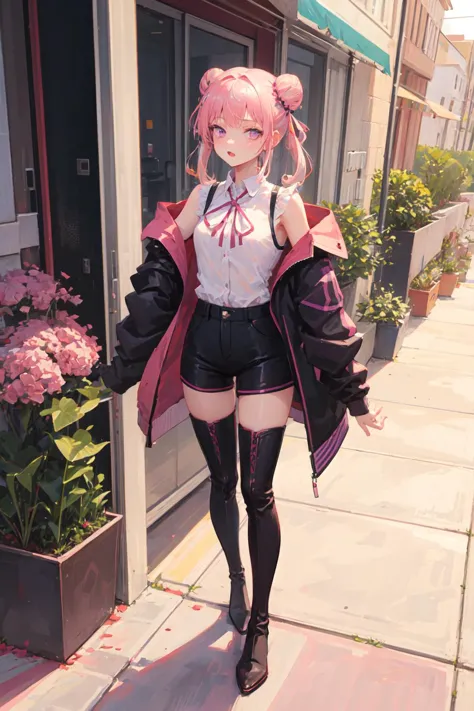 anime girl in short skirt and jacket posing on sidewalk with flowers