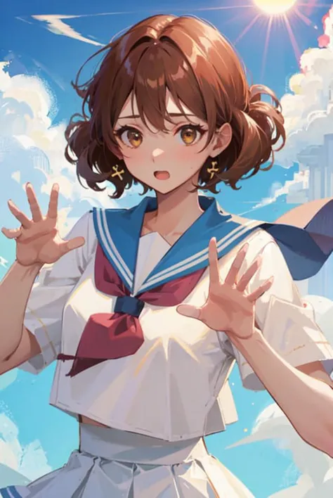 anime girl in sailor outfit with hands up in the air