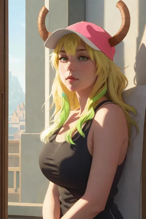 lucoa, 1girl, large breasts, baseball cap, horns through headwear, pink headwear, tank top,<lora:lucoa-maidragon:0.9> fantasy, D...