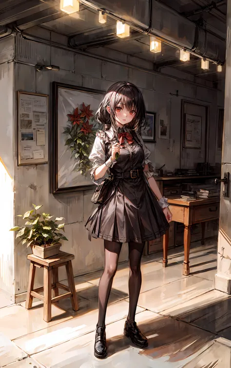 1girl,masterpiece,(highest quality:1.3),solo,indoors,(brick wall:1.3),plant,potted plant,dress,black hair,long hair,loose hair,b...