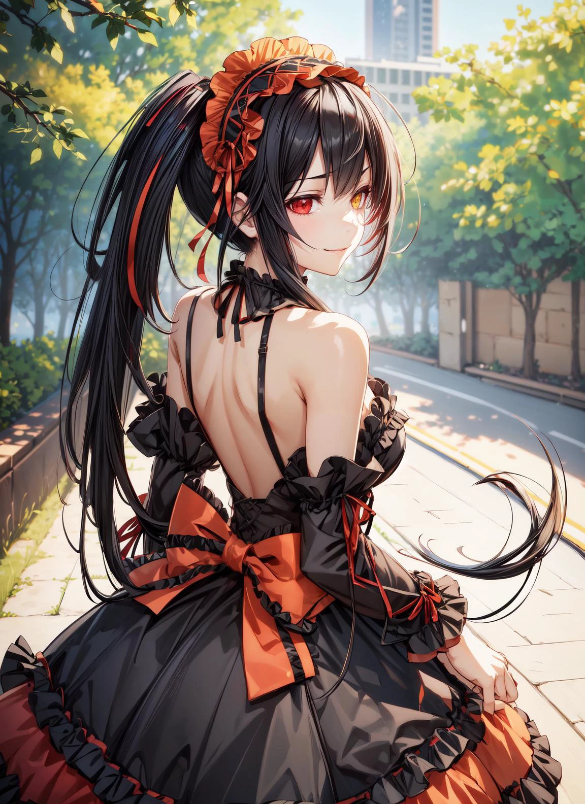 1girl,aakurumi, long hair, (twintails:1.3), hairband, (heterochromia:1.2), medium breasts, cleavage, black choker, red ribbon, bare shoulders, gothic, red dress, red bow, detached sleeves,standing,(smug:1.2),smirk,(half closed eyes),park,grass,tree,looking at viewer,(from behind),masterpiece,extremely detailed CG unity 8k wallpaper, best quality,32k,focus sharp, 