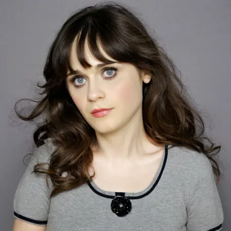 a close up of a woman with long hair wearing a gray shirt