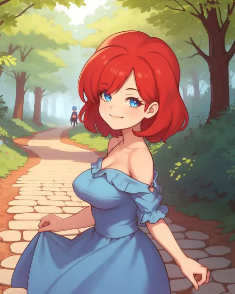 upper body, short hair, red hair, blue eyes, blue dress, breasts, smile, forest, path, cobblestone path, <lora:CB:0.8>