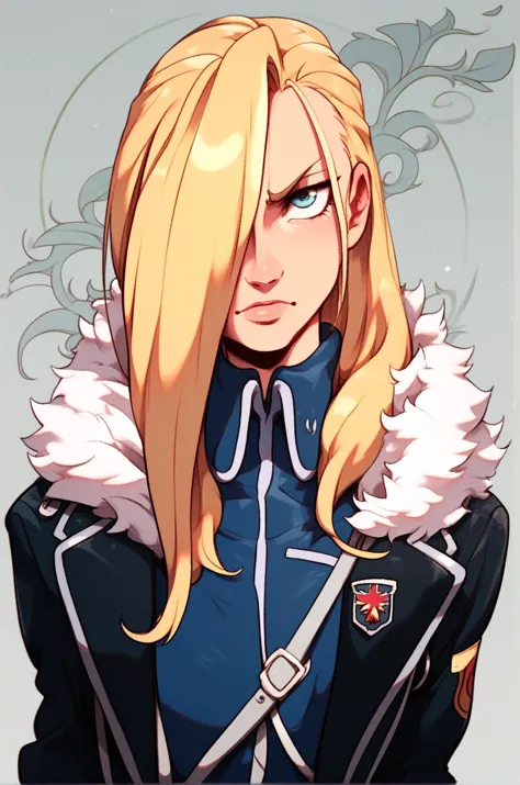 a close up of a person with long blonde hair and a blue jacket