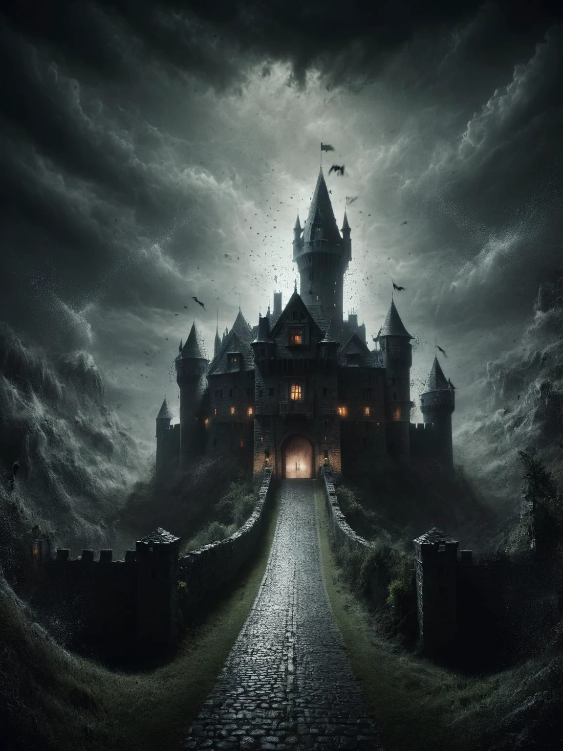 폭풍우 치는 밤에 유령이 나오는 중세 성, ais-darkpartz는 포탑을 둘러싸고 성벽을 따라 기어 다닙니다.. 