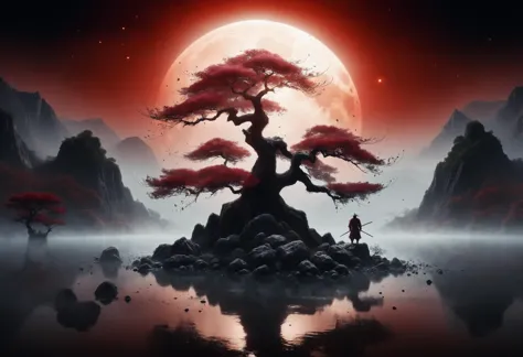 One lone samurai under a tree,armor,and the ethereal beauty of a mystical landscape under the red moonlight. The scene should be...