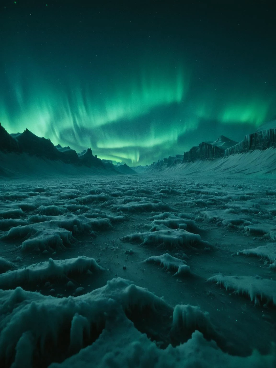 オーロラに照らされた凍ったツンドラの恐ろしい光景, 雪に覆われた風景の中をアイス・ダークパートが不気味に移動する. 