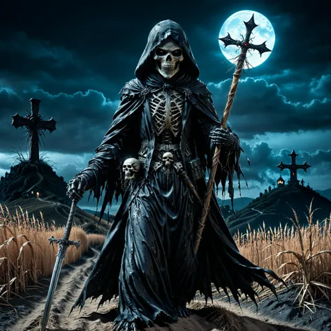 beta01 Hyperrealistic art imaginative gothic fantasy concept art,vibrant immersive,grim reaper scarecrow,night,hill,t-pose,holdi...