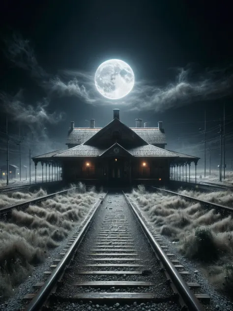 A ghostly abandoned train station under a full moon, with ais-darkpartz drifting through the empty platforms and tracks. <lora:D...