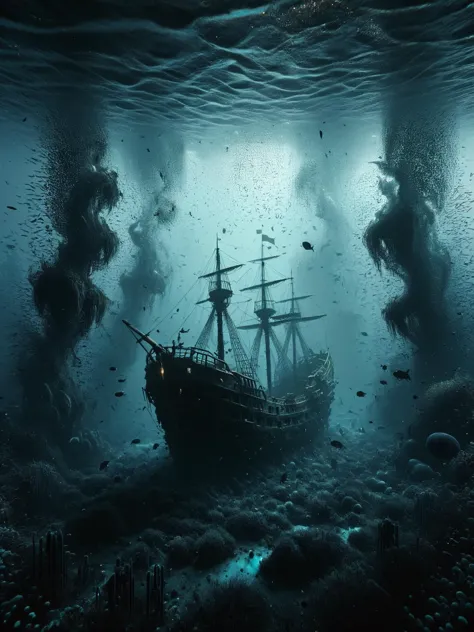 A deep underwater scene with a sunken pirate ship, surrounded by ais-darkpartz that move like ghostly sea creatures in the dark ...