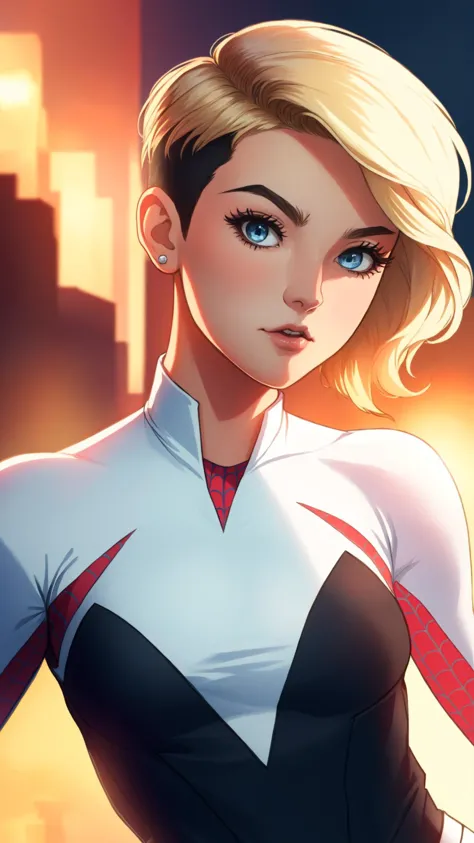 Spider-Gwen((Blonde Haare mit Undercut)) :1 1 9 4 6,von Pauline Haynes und Jessica Rossier | Studiobeleuchtung hell Umgebungsverdeckung Rendern ultra detailliert!! schönes Gesicht!!! Trends auf Artstation, erstellt mit Unreal Engine 5!!!!!!!!!!!!!!!!!&#39;von Tom Bagshaw,  