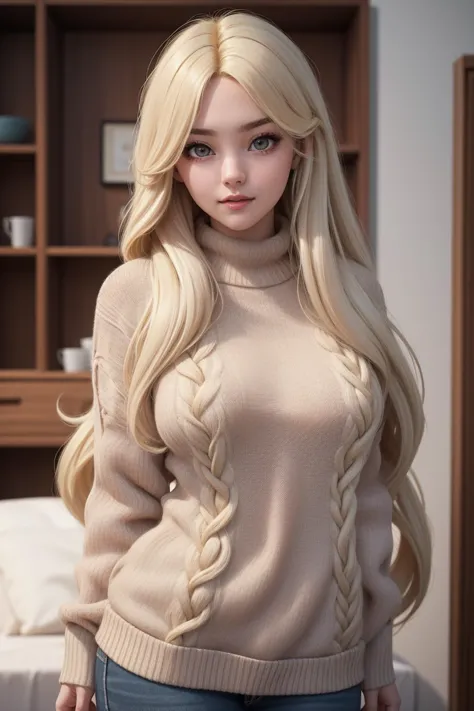 a woman with long blonde hair and a sweater posing for a picture