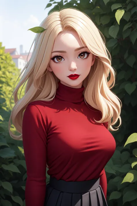 masterpiece, best quality, 1girl, portrait, red lipstick, long blonde hair, red turtleneck, long pleated skirt, outdoors, leaves