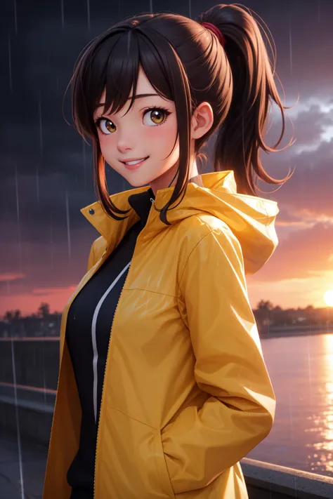 chef-d&#39;œuvre, Meilleure qualité, détaillé, 1fille, queue de cheval, pluie jacket, fermer la veste, coucher de soleil, pluie, sourire