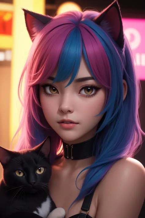 obra de arte, melhor qualidade, 8K, Mulher bonita, orelhas de gato, cabelo neon,