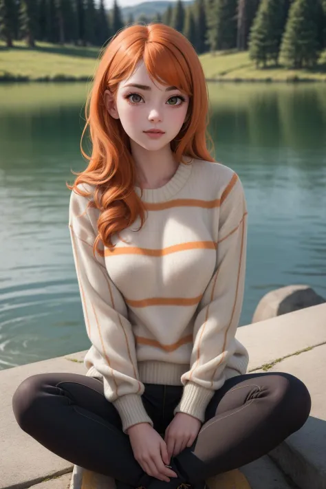 masterpiece, best quality, 8k, portrait of a 22yo female, long orange hair, striped sweater, outdoors, sitting, lake