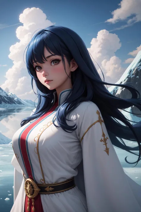 masterpiece, best quality, upper body, 1girl, close up, large breasts, long hair, blue hair, heavenly clouds, long wizard robe, ice, frozen lake,