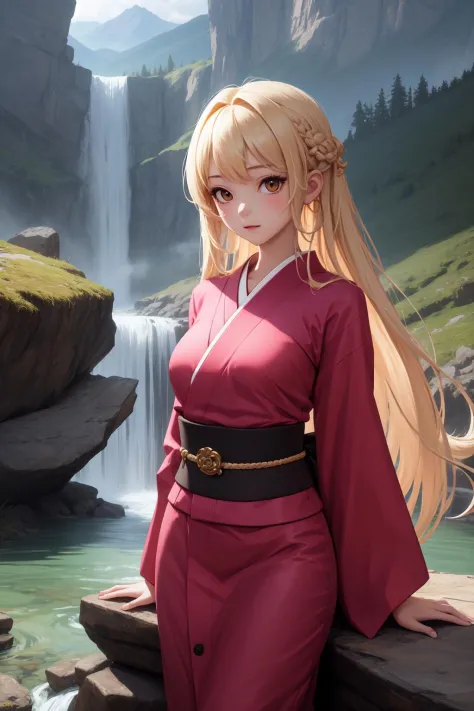 masterpiece, best quality, 1girl, very long hair, kimono, buttons, belt, long sleeves, waterfall, stream, vast mountains