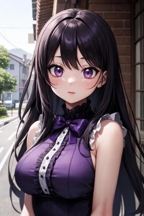 masterpiece, best quality, 1girl, outdoors, houses, road, breasts, upper body, purple dress, bow, frills, sleeveless, ribbons, black long hair, purple eyes, looking at viewer